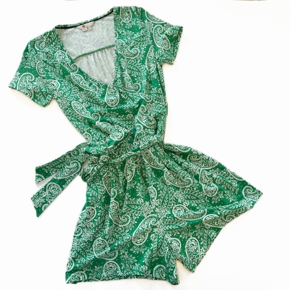 Boden Womens Sz 2 Green Paisley Caroline Playsuit Romper Jersey Belted Casual - Picture 2 of 8
